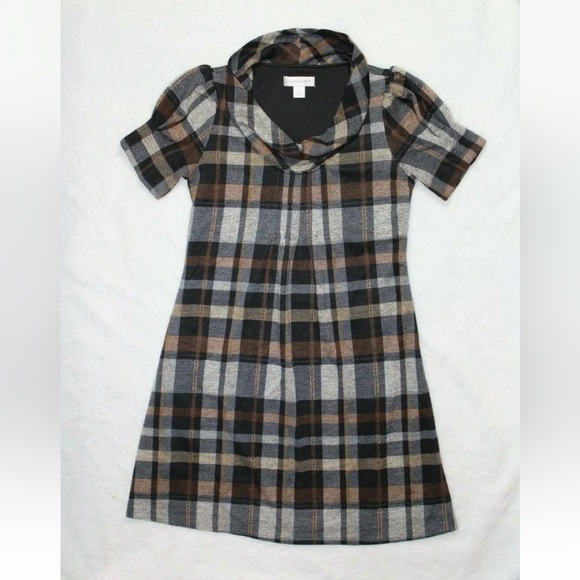 Christopher & Banks Dress Plaid Shift Short-Sleeve Brown sz 6 Plaid Pleats - Picture 1 of 1